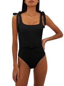 lot 2258 image: Saodimallsu Womens Sexy One Piece Bathing Suit High Cut Knit Square Neck Tied Strappy Swimsuit with Belt Black - Retail $49