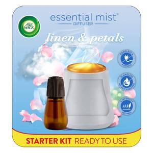 lot 2261 image: Air Wick Essential Mist Starter Kit (Gadget  1 Refill), Linen & Petals, Air Freshener, Essential Oils - Retail $10