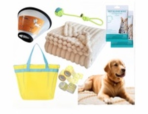 lot 2267 image: 10 Pcs Surgery Recovery Kit for Dogs Adjustable Dog Cone &amp Fluffy Dog Blanket (40x48) Get Well Soon Cleaning Wipes,Calming Toy, Bandages &amp Mesh Bag Sympathy Gift for Pet (yellow-L)&nbsp