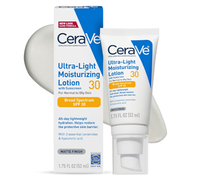 lot 2294 image: CeraVe Ultra-Light Moisturizing Lotion With SPF 30, Daily Face Moisturizer with SPF, Formulated with Hyaluronic Acid & Ceramides, Broad Spectrum SPF, Oil Free, Matte Finish, 1.7 Ounce - Retail $20