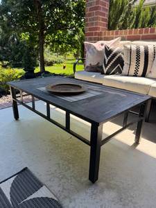 lot 954 image: Patio table 16 x 46 x 25 in (top damaged)