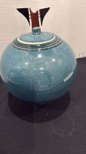 lot 1002 image: Hayes teal stoneware pottery jar signed 11 inches tall
