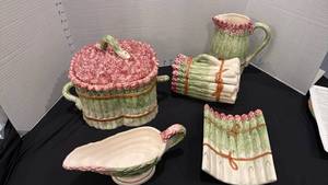 lot 1006 image: Olfairs asparagus cookie jar, creamer, pitcher, serving dish and 2 pc dish made in Portugal