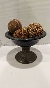 lot 1015 image: Pottery bowl with pedestal and decorative balls 8.5x12 dia heavy