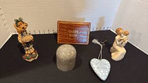 lot 1069 image: Boyds bears figurine, Willow Tree Grandmother (repaired), 2 pc stone jar and heart