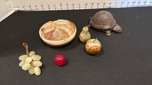 lot 1071 image: Small stone bowl and fruit, turtle cast iron key keeper