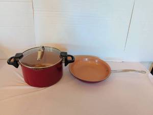 lot 1102 image: Red Copper Nonstick Stock Pot with Lid and Frying Pan