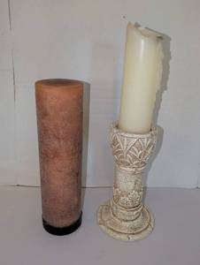 lot 1121 image: 15 inch Pillar Candle with 11 inch Decorative Ceramic Holder and cream candle