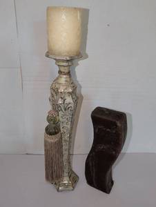 lot 1122 image: 18 inch Decorative Candlestick Holder with Embossed Pillar Candle and 12 inch Sculptural Wax Piece