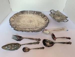 lot 1128 image: Silver Plate Serving Set with Tray, Decorative Bowl, and Utensils