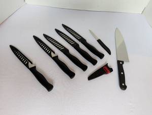 lot 1137 image: Stainless Steel Kitchen Knives with Blade Guards and Sharpener