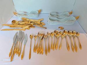 lot 1143 image: Gold-Tone rebacraft stainless Flatware Set and more with White Porcelain Reticulated Baskets