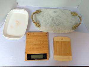 lot 1145 image: Serving trays, a tare scale and cutting boards