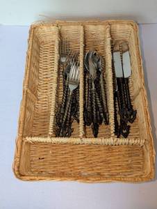 lot 1152 image: Ornate Flatware Set with Wicker Caddy