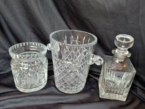 lot 1168 image: Cut Crystal Bar Set - Ice Bucket, Waterford Small Jar & Decanter