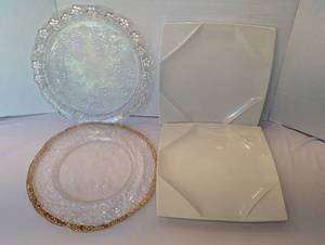 lot 1187 image: Mixed Decorative Plate Set Glass Chargers and White Ceramic Square Plates