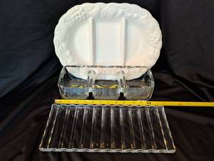 lot 1191 image: 3-Piece Serving Tray Set - White Embossed Ceramic Platter, Glass Divided Relish Dish, and Glass Tray
