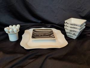 lot 1196 image: Black and white dishes and appetizer bowls and ceramic hors doeuvres picks