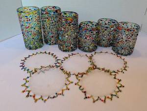 lot 1201 image: Mexican Hand Blown Confetti Glass Tumbler Set with Beaded Mesh Coasters