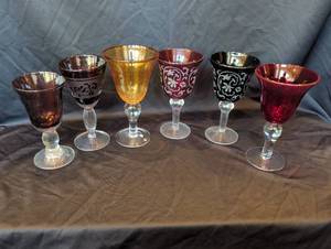 lot 1207 image: Set of 6 Multicolor Decorative Stemmed Cordial Glasses