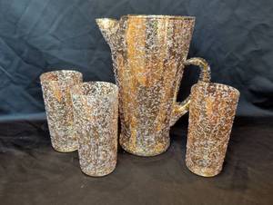 lot 1211 image: Amber Crackle Glass Pitcher and Tumbler Set