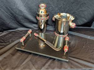 lot 1242 image: Silver-Tone Bar Set with Red Cabochon Accents