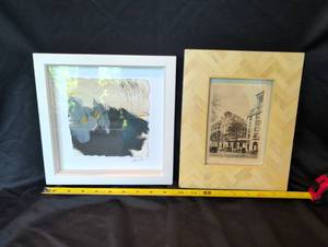 lot 1253 image: Framed Abstract Mixed Media Art & Hotel George V Paris 1930 Photo in Herringbone Frame - Set of 2