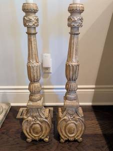 lot 1261 image: Pair of Ornate Carved Wood Candlesticks with Taper Candles. 30 in tall candle holders and 16-in tall candles.