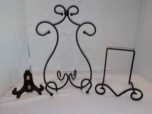 lot 1272 image: Set of 3 Display Easel Stands - Wrought Iron and Wood