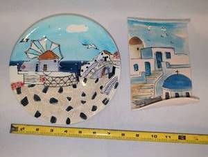 lot 1273 image: Greek Island Hand-Painted Ceramic Plate and Wall Plaque Set