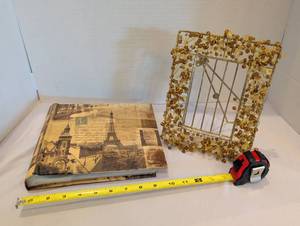 lot 1277 image: Paris-Themed Memory Album and Amber Beaded Wire Photo Frame Set