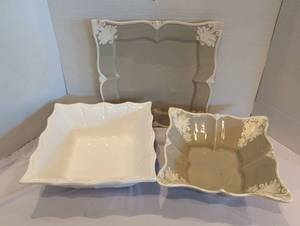 lot 1280 image: Ceramic Serving Bowls and Tray Set with Embossed Floral Design. Two pieces match lot 1174