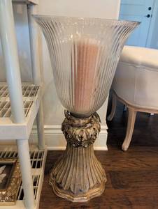 lot 1282 image: Large Glass Hurricane Candle Holder with Ornate Gold Leaf Base 33x15 inch