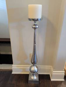 lot 1285 image: 41 in Tall Silver Metal Floor Candle Holder with 3 wick candle