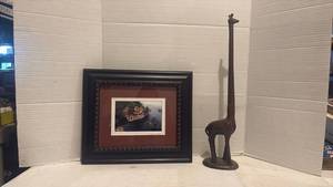 lot 1290 image: Framed Coastal Villa Print and Bronze Giraffe Figurine