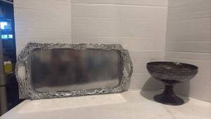 lot 1291 image: Silver Serving Tray and Dark Metal Pedestal Bowl
