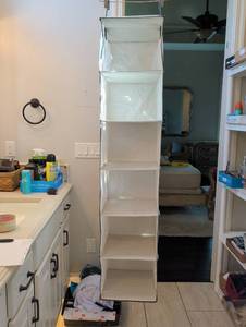 lot 1510 image: Hanging Closet Organizer Set with Fabric Shelves and Jewelry Pocket Organizer