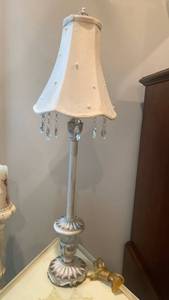lot 1569 image: Ornate Crackle Finish Candlestick Table Lamp with Crystal Drops 32 inches tall