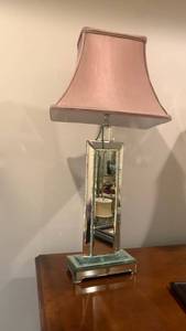 lot 1570 image: Mirrored Column Table Lamps with Pink Shades 30 inches tall
