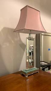 lot 1571 image: Mirrored Column Table Lamps with Pink Shades 30 inches tall