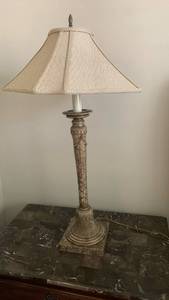 lot 1602 image: Decorative Candlestick Table Lamp with Woven Shade 33 inches tall