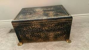 lot 1605 image: Leopard Print Decorative Storage chest with Brass Claw Feet 13X24X16