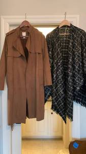 lot 1696 image: H&M Camel Faux Suede Long Trench Coat - small and shawl