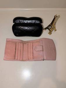 lot 1942 image: Chanel Quilted Leather Eyeglass Case and Pink Caviar Leather Compact Wallet with brass Eiffel Tower