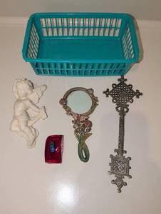 lot 1949 image: Decorative Collectibles Lot - Cherub Figurine, Floral Hand Mirror, Ethiopian Cross, Murano Glass Paperweight