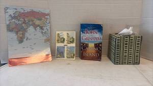 lot 1986 image: John Grisham Camino Island Novel with George V Paris Postcard Card and Foreign Policy Association World Map