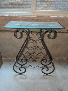 lot 2023 image: Wrought Iron Wine Rack Console Table with Etched Glass Top 28h x 24w x 10d