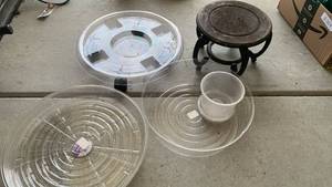 lot 3012 image: Plant Saucers, Pot Dolly, and Decorative Wooden plant stand