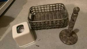 lot 3020 image: Kitchen Counter Accessory Set with Wicker Basket, Paper Towel Holder, and tissue holder