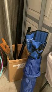 lot 3022 image: Camping chair, saw and misc pipes
